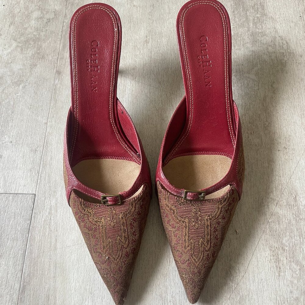 Cole Haan Leather Burgundy Brocade Kitten Heel Mules with Buckle